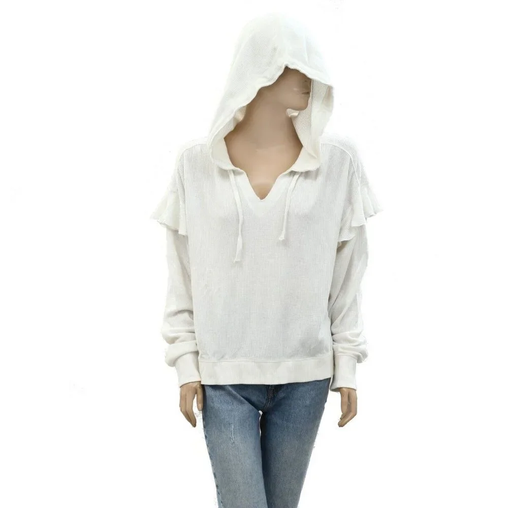 Urban Outfitters UO Thermal Hoodie Blouse Top White Cotton Ruffle L New